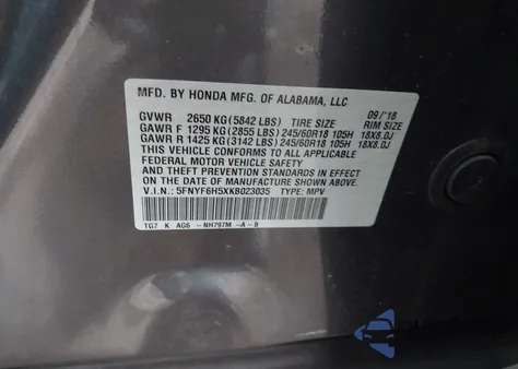 2019 Honda Pilot Ex-L из США, поврежденный, VIN 5FNYF6H5XKB023035